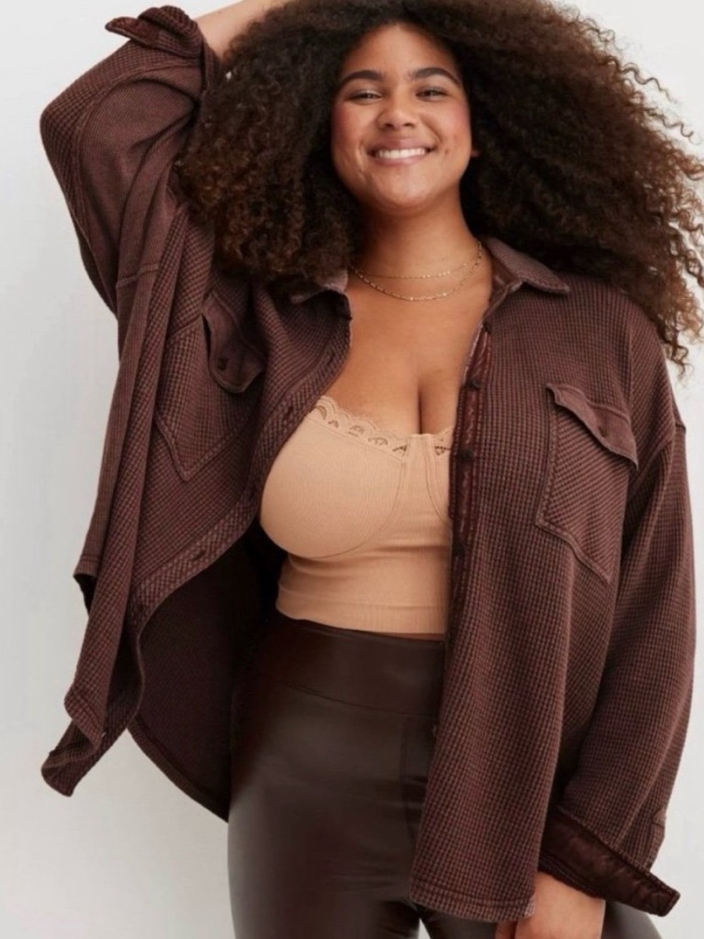 aerie Brown Waffle Button-Down Shirt
